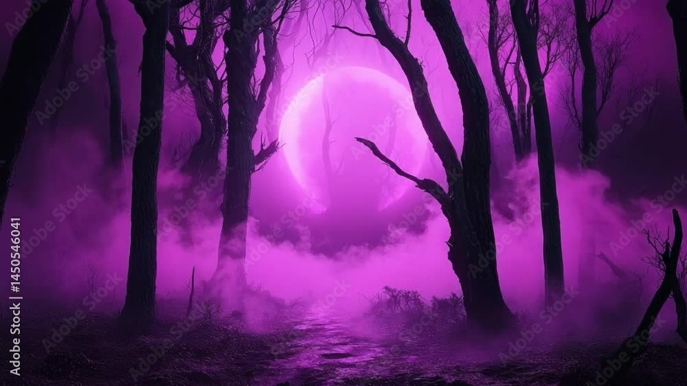 Poster mysterious purple forest with ethereal light and fog creating a surreal atmosphere in the woods at n