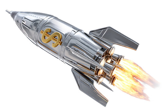 Gold Dollar Rocket Launching, Concept of Financial Growth Isolated on Transparent Background