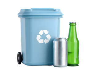 Blue Recycling Bin Full of Bottles and Cans Isolated on Transparent Background