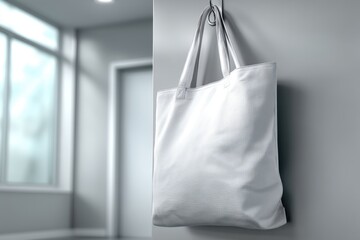 A pristine white tote bag hangs gracefully on a sleek, modern grey wall, offering a clean and minimalist aesthetic for sustainable living and eco-conscious fashion.