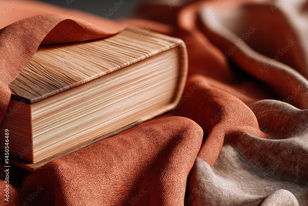 Poster a thick book with wooden cover sits on a textured surface with soft, draping fabric, creating a warm