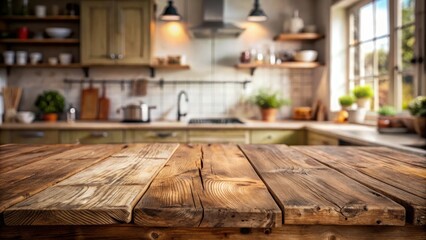 Rustic Wooden Tabletop in a Kitchen with Blurred Background of Cabinets, Appliances, and a Window