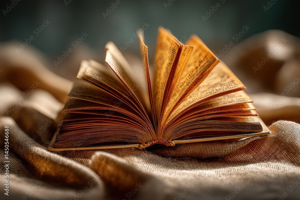 Aufkleber an old open book with yellowed pages resting on a beige linen tablecloth, creating a warm and inviti