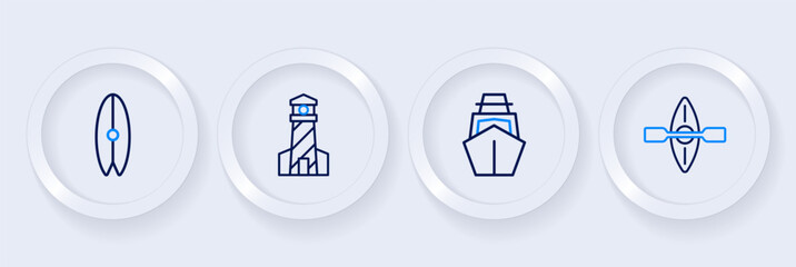 Set line Kayak and paddle, Yacht sailboat, Lighthouse and Surfboard icon. Vector