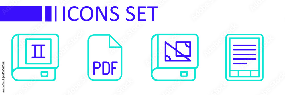 Poster set line e-book reader, about geometry, pdf file document and icon. vector