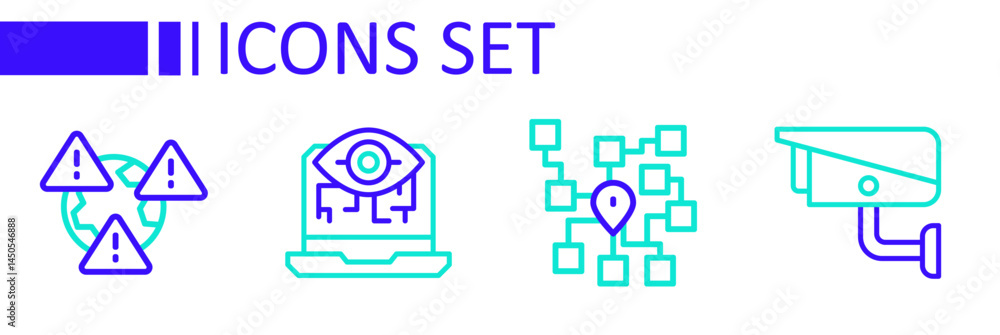 Aufkleber set line security camera, neural network, computer vision and earth with exclamation mark icon. vect