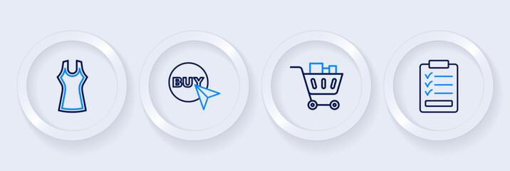 Set line Clipboard with checklist, Shopping cart and food, Buy button and Woman dress icon. Vector