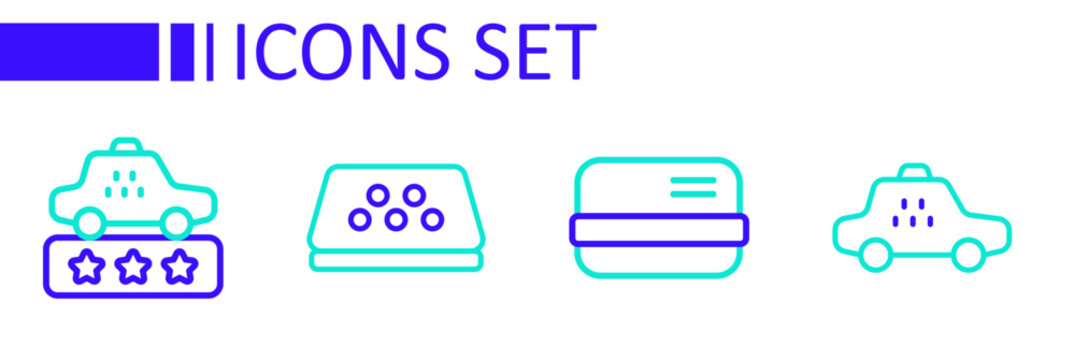 Set line Taxi car, Credit card, roof and service rating icon. Vector