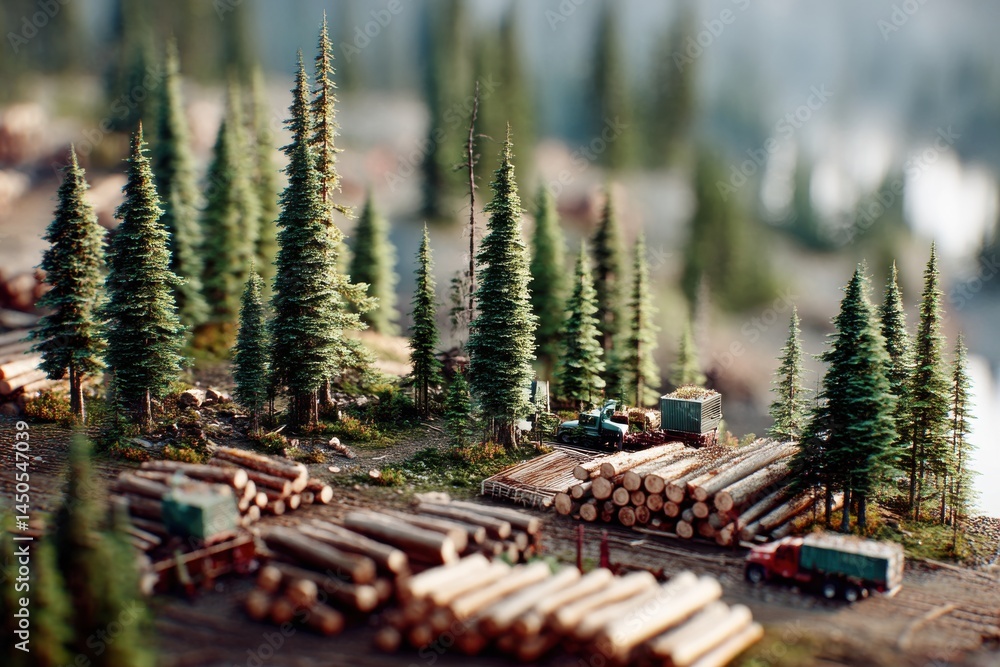 Poster a miniature logging operation showcasing stacked logs, trucks and dense evergreen trees, meticulousl