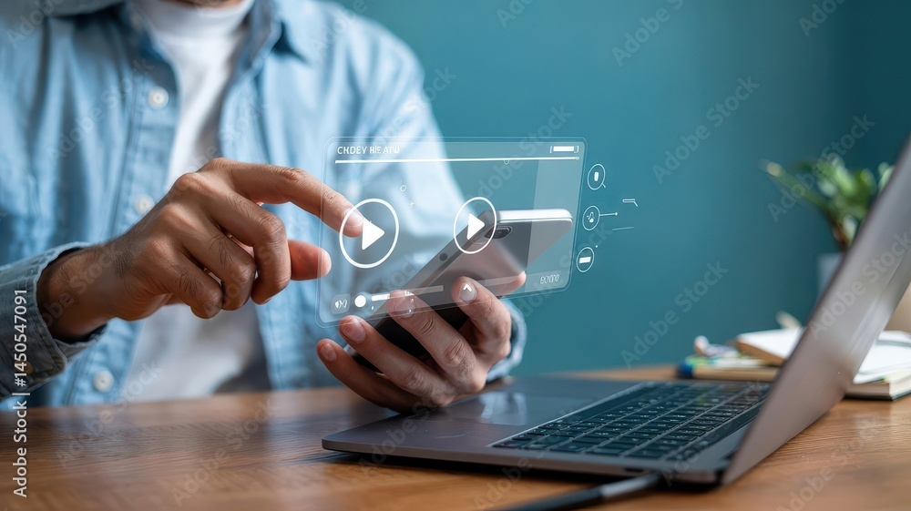 Poster person interacts with a projected video player interface.