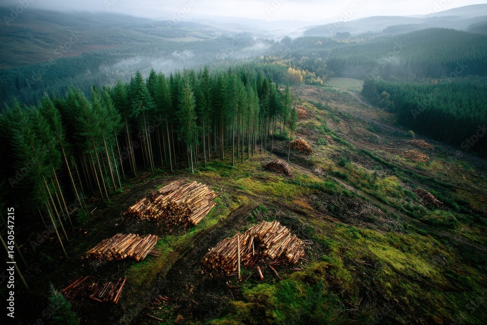 Poster aerial view of a logging operation with cut trees and a misty forest landscape, showing the scale of