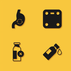 Set Human stomach health, Bottle of water, Lactose intolerance and Bathroom scales icon with long shadow. Vector
