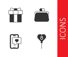 Set Balloons with 8 March, Gift box and heart, Mobile and Handbag icon. Vector