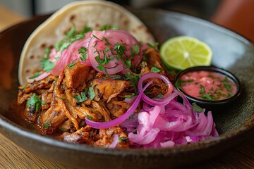 Shredded Cochinita Pibil With Pickled Onions, Corn Tortillas, And Lime Wedge