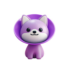 Cute 3D Cartoon Dog Wearing a Purple Cone Isolated on Transparent Background