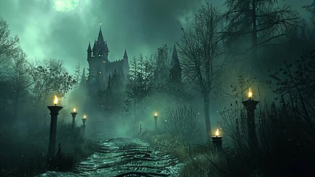 Gothic castle misty forest fantasy setting footage