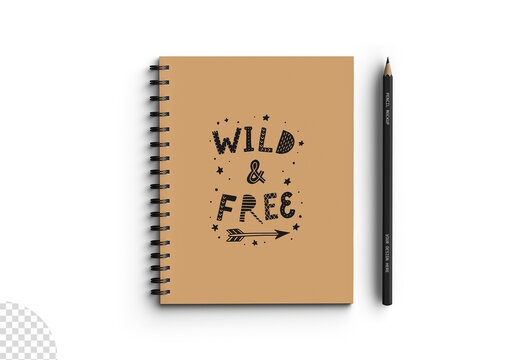 Spiral Rigged Stationery Notebook Cover and Pencil Mockup