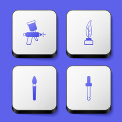 Set Paint spray gun, Feather and inkwell, brush and Eyedropper color picker palette icon. White square button. Vector