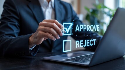 Businessperson reviewing digital approval options on laptop.