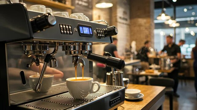 A barista prepares coffee with an espresso machine in a busy coffee shop. - Powered by Adobe