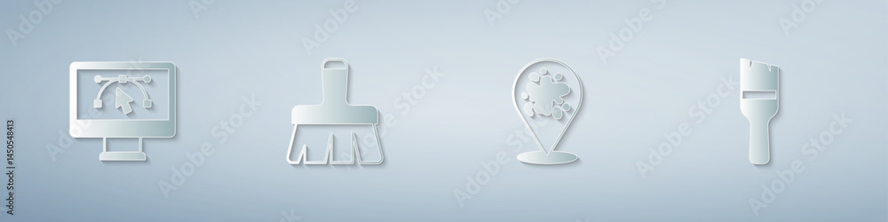 Poster set computer with design program, paint brush, spray and . paper art style. vector