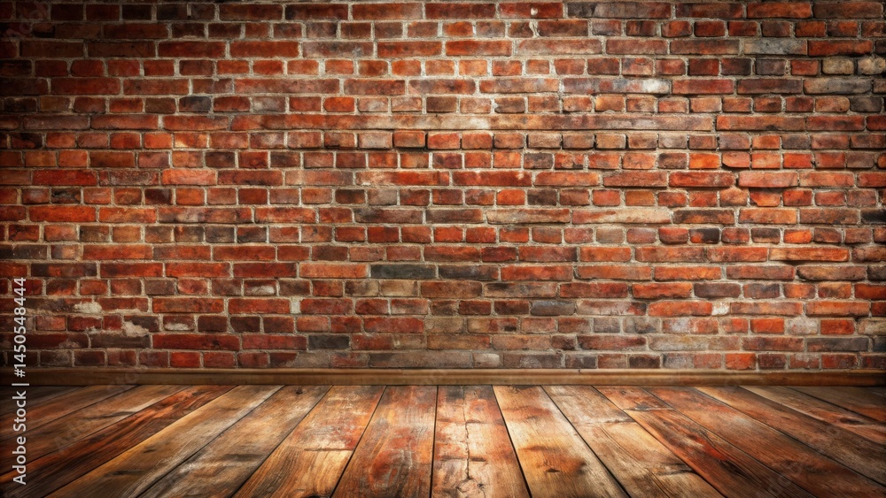 Poster A rustic brick wall with a worn wooden floor creates a timeless and inviting backdrop for design projects.