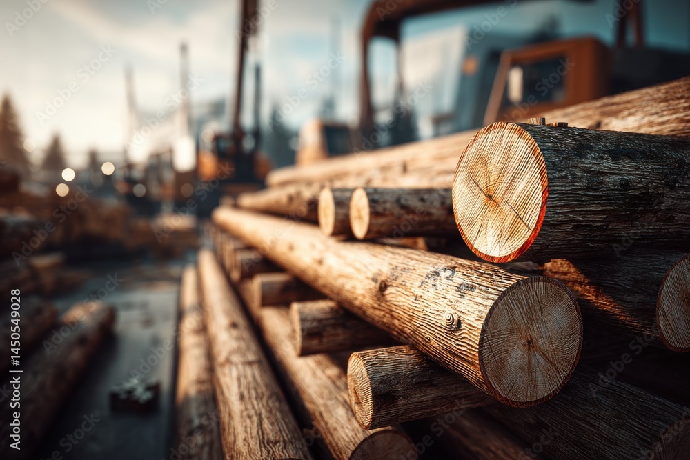 Aufkleber a close-up of freshly cut tree trunks, stacked at a lumberyard, ready for processing and use in cons