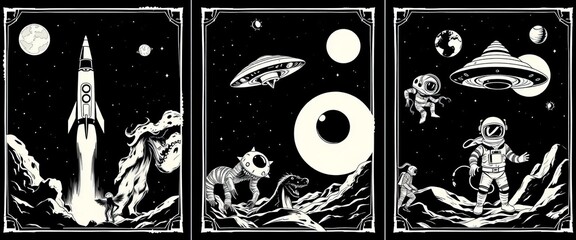 Set of retro space horror party invitations featuring black and white illustrations of rockets, UFOs, monsters, and astronauts, ufo, enigmatic
