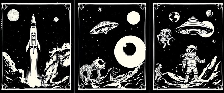 Set of retro space horror party invitations featuring black and white illustrations of rockets, UFOs, monsters, and astronauts, ufo, enigmatic