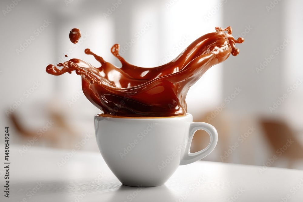 Poster captivating capture of a chocolate drink explosion in a white cup, showcasing dynamic movement and r