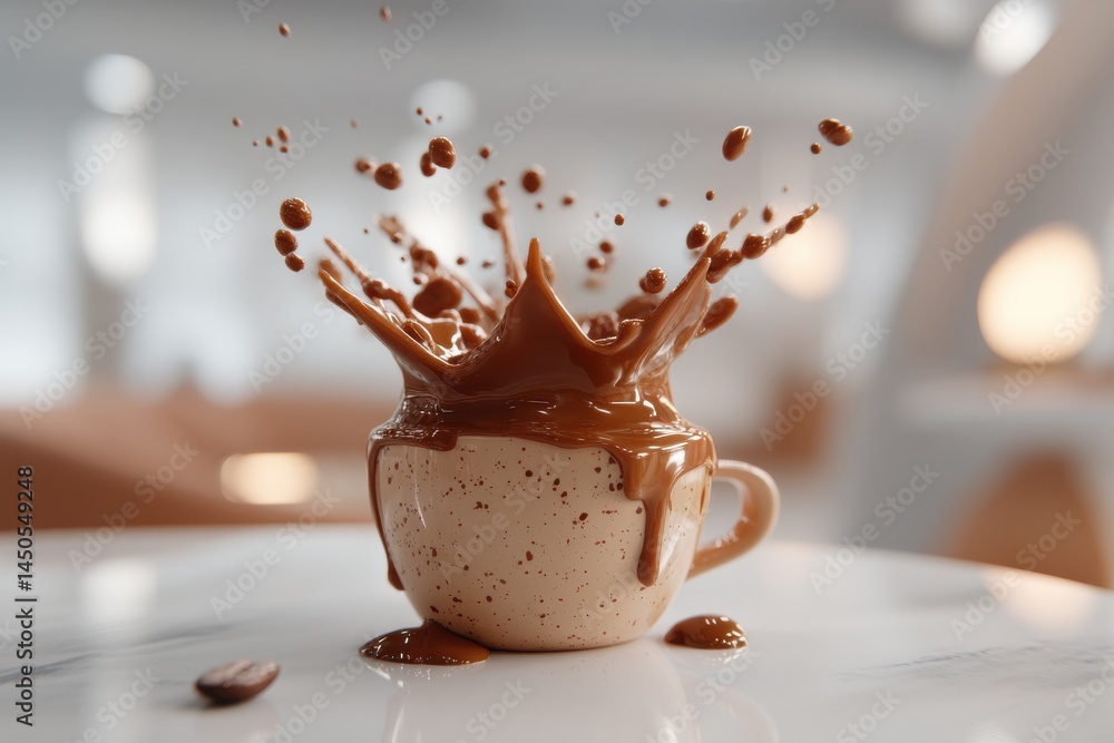 Poster dramatic splash of chocolate drink erupting from mug, creating dynamic motion, with a bean on a whit