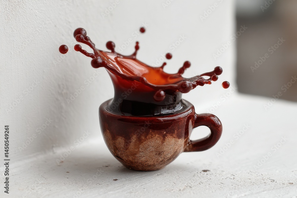 Poster dynamic splash of dark coffee in a rustic ceramic cup, showcasing movement and texture, set against 