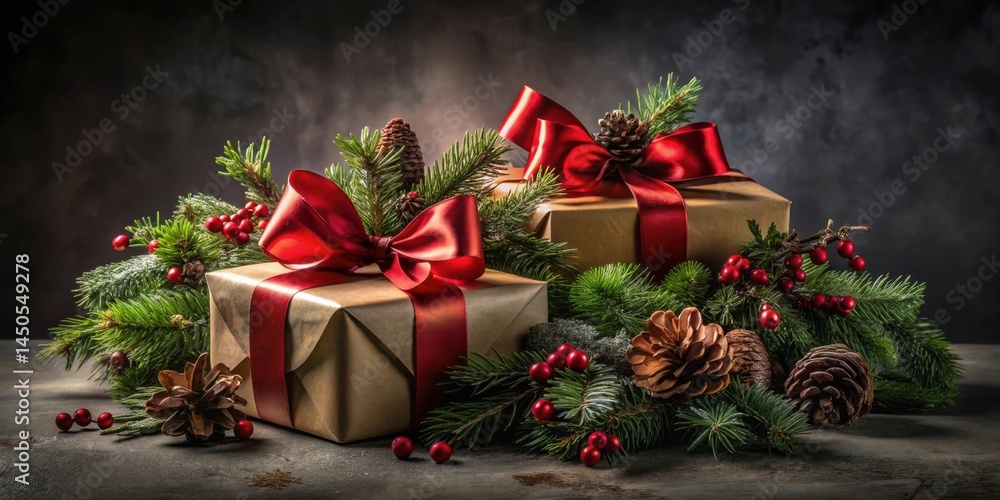 Poster two christmas presents wrapped in brown paper with red satin bows resting on a bed of evergreen bran