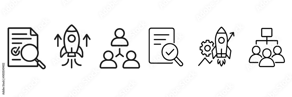 Fototapete Set of web icons featuring line style design for various digital activities, showcasing productivity and collaboration concepts