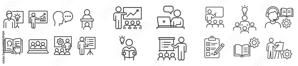 Poster set of minimalist line style web icons representing various aspects of education, communication, and