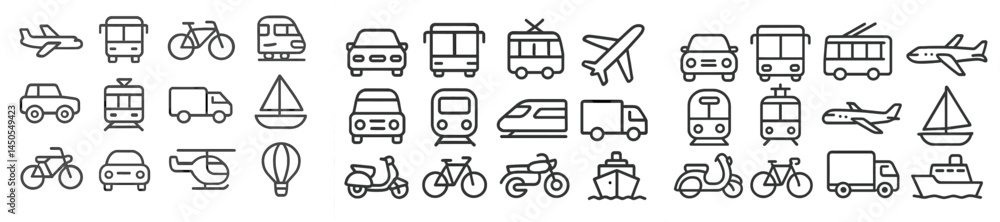 Aufkleber collection of line style web icons representing various modes of transportation including land, air,