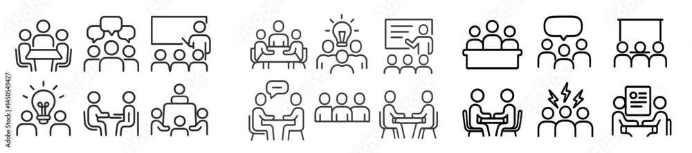 Poster Set of web icons representing teamwork, communication, and collaboration in minimal line style for modern digital applications