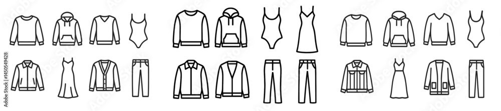 Aufkleber collection of web icons showcasing various clothing items in line style for design purposes