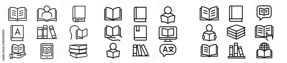 Poster set of web icons depicting line style representations of reading, books, and education activities in