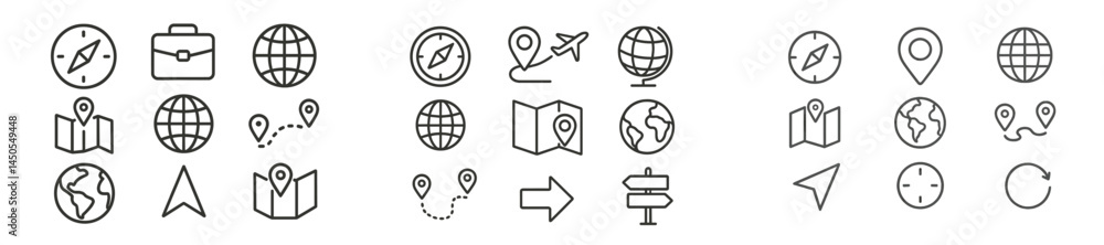 Poster Web icons set featuring line style designs for navigation, travel, and location tracking in a minimalistic format