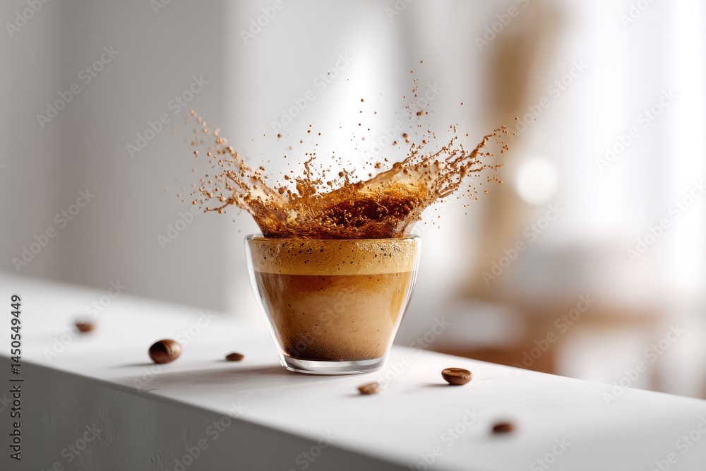 Poster an eye-level close up of a cup of espresso with a splash, coffee beans scattered creating a visually