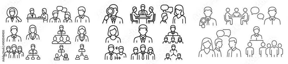 Poster Set of modern web icons featuring line style representations of various professional and social interactions among individuals