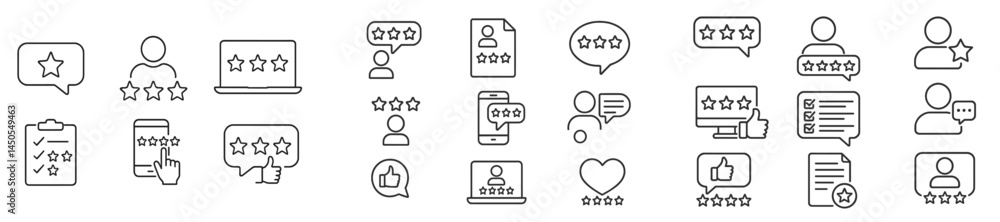 Poster Set of web icons showcasing user reviews and ratings in line style for website design elements