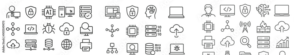 Aufkleber Collection of line style web icons representing various technology and cybersecurity concepts for digital applications