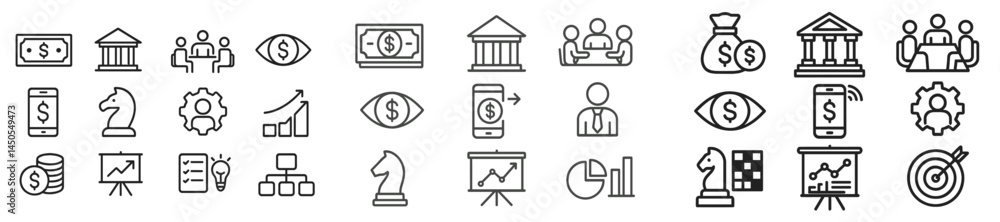 Poster collection of web icons in line style representing financial and business concepts for digital commu