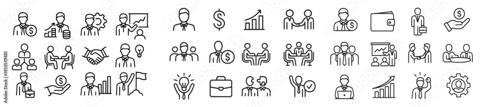 Aufkleber set of line style web icons depicting business activities and professional interactions