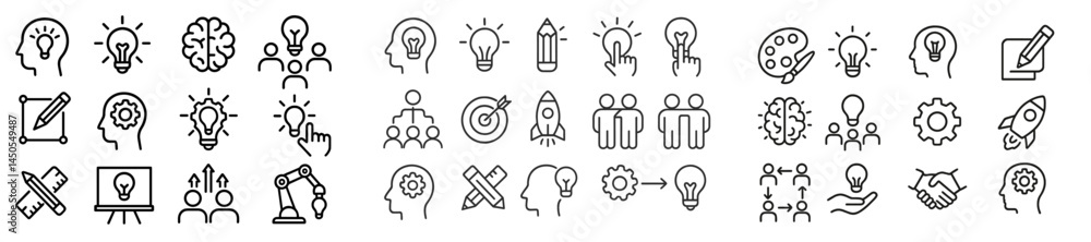 Poster collection of web icons showcasing innovation, design, and collaboration in a clean line style