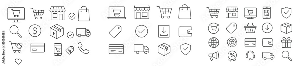 Poster Set of web icons designed in line style representing various e-commerce and online shopping activities, ideal for digital applications
