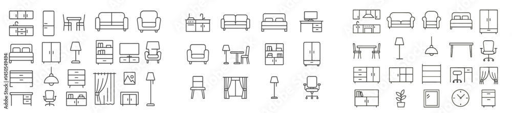Poster collection of line style web icons representing various furniture items for home and office use