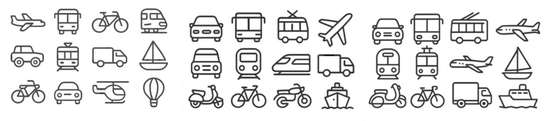 Plakat Collection of line style web icons representing various modes of transportation including land, air, and water vehicles